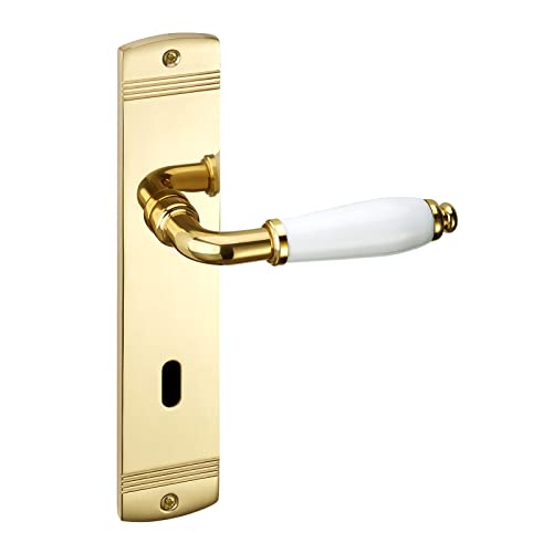 SOTECH 1 Set Türgriffgarnitur MATTEO Messing poliert, Griff Porzellan weiß glänzend Buntbart (BB) Türbeschlag auf Langschild Türklinke Vintage mit Befestigungsmaterial von SOTECH