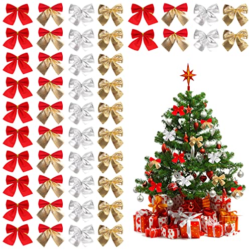 Souarts 48 Stück Weihnachtsschleifen, Weihnachtsbaum Schleifen Rot Gold Weihnachten Deko Glitzer Schleifen Weihnachtsbogen Band Bogen Ornamente für Weihnachtskranz Geschenk von Souarts