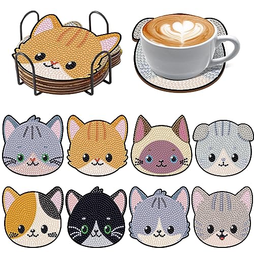 Souarts Katze Diamond Painting Untersetzer mit Halter, 8PCS DIY Diamant Painting Coasters Basteln Erwachsene Kinder für Glas Tassen Vasen Kerzen Getränke von Souarts