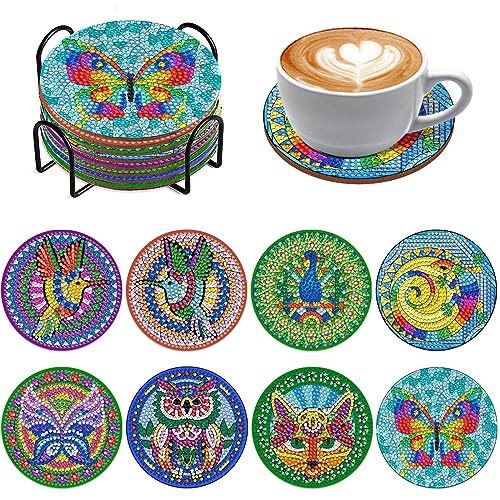 Souarts Schmetterling Diamond Painting Untersetzer mit Halter, 8PCS Vogel DIY Diamant Painting Coasters Basteln Erwachsene Kinder für Glas Tassen Vasen Kerzen Getränke von Souarts