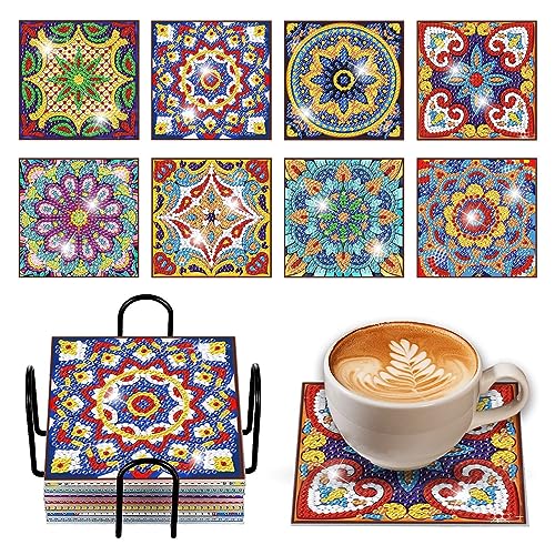 Souarts Mandala Diamond Painting Untersetzer mit Halter, 8PCS Eckig DIY Diamant Painting Coasters Basteln Erwachsene Kinder für Glas Tassen Vasen Kerzen Getränke von Souarts