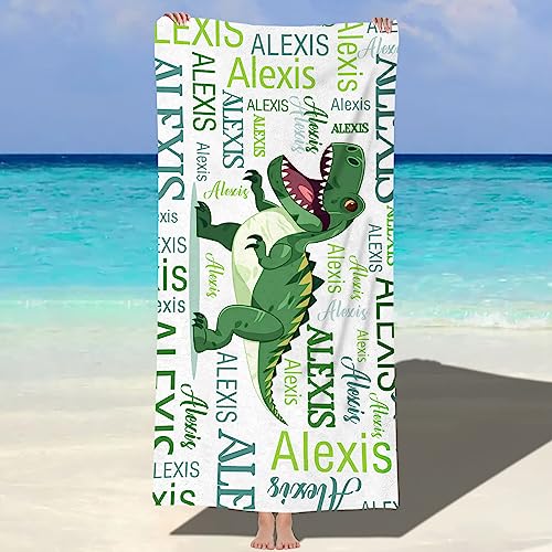 Souarts Personalisiert Microfaser Strandtuch Badetuch 152cmx76cm, Baumwolle Handtuch Stranddecke Strandlaken Sandfreie Schnell trocknende für Strand Reise Schwimmen(Grün Dinosaurier) von Souarts