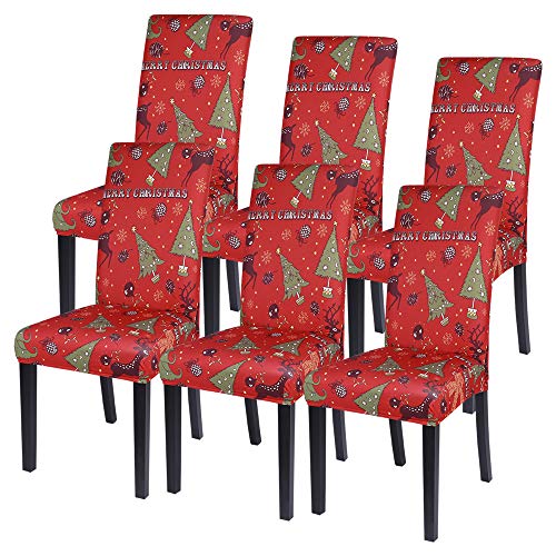 Souarts Xmas weihnachtlich Stuhlhussen 1er/2er/4er/6er Set Strech Stuhlbezug Moderne Husse Dekoration Stuhlüberzug Stuhl Universal Passform für Esszimmer Party Banquet (6er set, Rot Green Baum) von Souarts