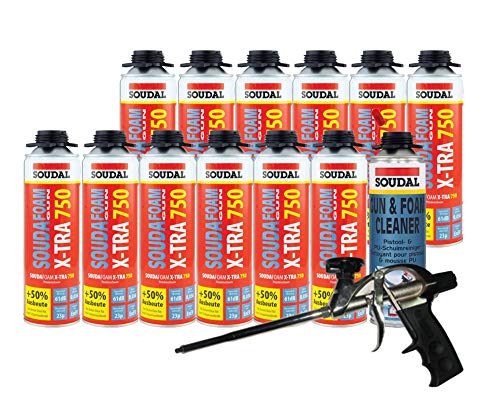 Soudal Kombi Set 12 x Soudafoam B2 X-TRA750 500ml Pistolenschaum inkl. Reiniger + Profi Schaumpistole von Soudal