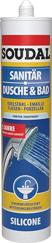 Soudal Sanitärsilikon Dusche & Bad, 300ml, Kartusche, Transparent- Hochwertiger Fugendichtstoff für Verfugungen in Feuchträumen z.B. Anschlussfugen zwischen Wanne, Duschtasse, WC und Wand von Soudal