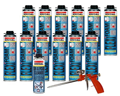 Soudal Sparset 12x Flexifoam Fensterschaum 500ml + Schaumpistole Compact + Pistolenreiniger von Soudal