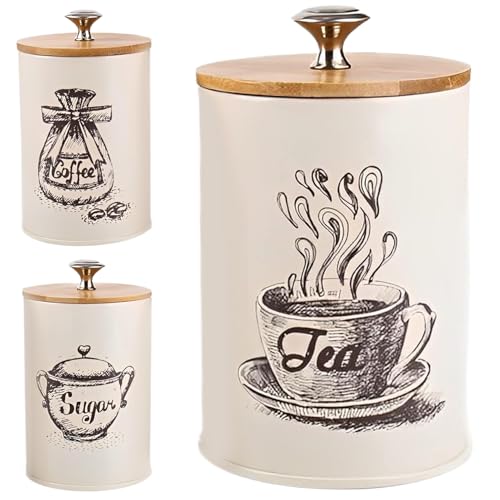 Kaffee Tee Zucker Behälter Set, Kaffee- und Zuckerbehälter Set 3pcs Kaffeee Tee Zucker Kanister Set 32oz Metallküchenkanister Set mit Bambusdeckel luftdicht versiegelte Lebensmittel Lagerglas von SouiWuzi
