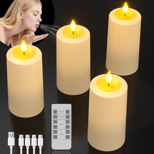 SoulBay LED Kerzen Aufladbar, 4er Ausblasbare LED Stumpenkerzen USB-C Wiederaufladbar Elektrische Kerzen mit Timerfunction and Fernbedienung Flackernd für Party, Zimmer, Halloween, Weihnachtsdeko von SoulBay