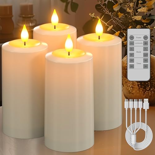 SoulBay LED Kerzen mit Timerfunction, 4er Set Wiederaufladbare Elektrische Kerzen Aufladbar mit Fernbedienung Timer, LED Stumpenkerzen Flackernd Wasserdicht für Zimmer Halloween Deko Weihnachten von SoulBay