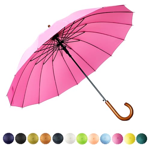 SoulRain 16 Rippen 121,9 cm Stockschirm, automatisches Öffnen, einfarbig, modisch und einfach, bogenförmiger klassischer Holzgriff, winddicht, unzerbrechlich, Regenschirm (Rosa) von SoulRain