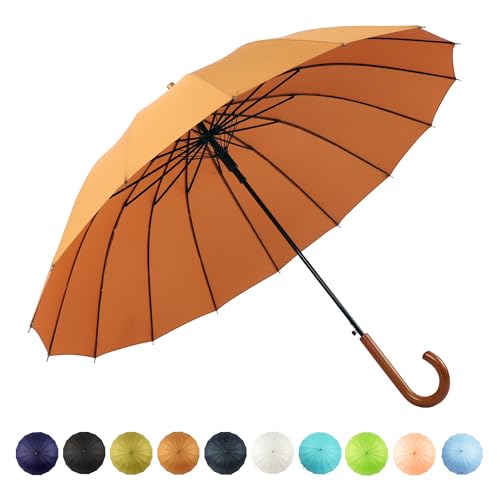SoulRain 16 Rippen 121,9 cm Stockschirm, automatisches Öffnen, einfarbig, modisch und einfach, bogenförmiger klassischer Holzgriff, winddicht, unzerbrechlich, Regenschirm (orange) von SoulRain