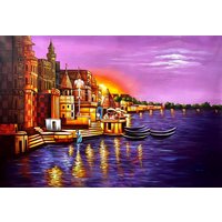 New Banaras Ghat Handgemalte Gemälde Auf Leinwand Wandbild | Ohne Rahmen von SoulSpaze