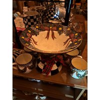 Mackenzie Childs Emaille Großes Evergreen & Höfliches Karo Kompott Dekorierstück Neu von SoulcandyStore