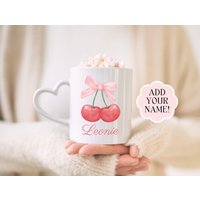 Personalized Heart Mug Cherry Pink Bow Custom Coffee Coquette Core Girly Tea Cup Girl Name Gift Idea Birthday Cute von SoulgoodiesDesigns