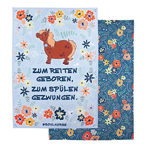 Soulhorse Geschirrhandtücher 50 x 70cm 2er Set 100% Baumwolle “Comic” Blau Handtuch Pferdemotiv geschirrtuch Baumwolle Spül- & Geschirrtücher Pferd Pony Küchentuch Küchenhandtuch von Soulhorse