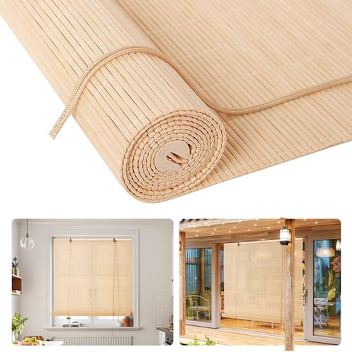 Bambusrollo für Türen und Fenster mit Lifter, Sonnenschutz Bambus Raffrollo für Innenräume, Sonnenrollo Bambus Rollos für Terrasse Balkon, Einfarbig - Natur,100B x 220H cm von Soulitem