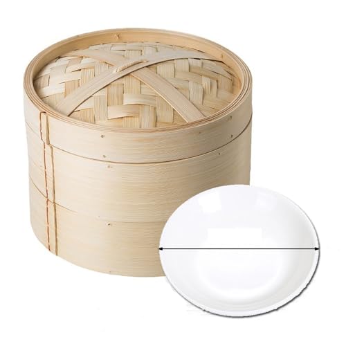 Bambus-Dampfgarer, 20 cm, zweistöckiger Dampfkorb/Dim Sum Dampfgarer, inklusive Bambusdeckel, 2 x Bambuskorb, 15,5 cm Teller, für Brötchen, Knödel, Gemüse von Soulnioi