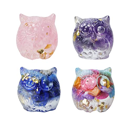 Soulnioi 4pcs Eule Statuen Set: Lapis Lazuli Little+Caibei +Pink Crystal+Amethyst Little Owl Drop Glue Ornament, Crystal Carved Owl Carving Ornament Home Outdoor Decoration Figurines Geschenk von Soulnioi