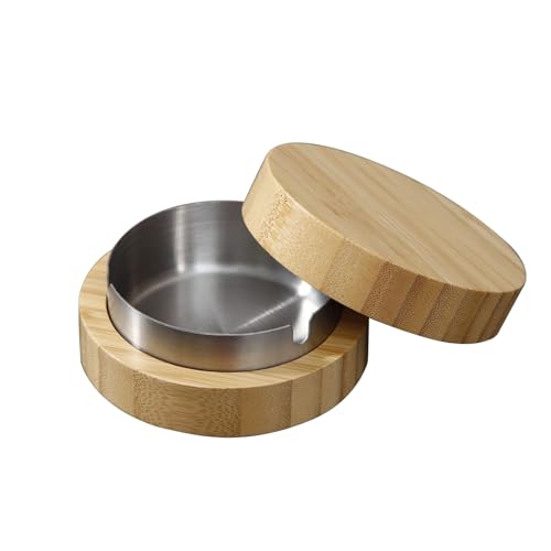 Soulnioi Bambus Holz Aschenbecher Runder Aschenbecher mit Edelstahl Auskleidung mit Deckel für Außen oder Innen (Silber) von soulnioi