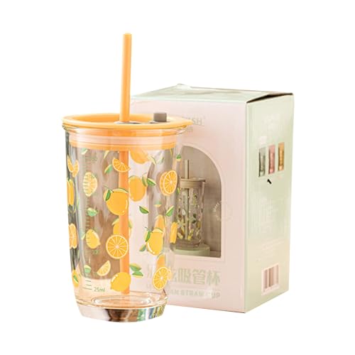 soulnioi Grüner Glasbecher mit Skala, Strohhalm und Deckel, tragbares Glas-Trinkglas mit Muster, für Kaffee, Saft, Milchshake, 400 ml, Gelb von soulnioi