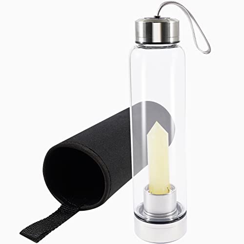 Soulnioi Healing Crystal Glas Wasserflasche Edelstahl-Wasserflasche mit Changeable Natural Crystal Point Center, mit schwarzem Schutz-Cup-Abdeckung, Energie-Cup Geschenke für Freunde (Citrin) von Soulnioi