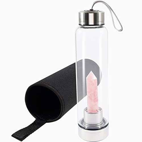 Soulnioi Healing Crystal Glas Wasserflasche Edelstahl Wasserflasche mit austauschbaren natürlichen Kristall Punkt Zentrum, mit schwarzer Schutzhülle, Energie Cup Geschenke für Freunde (Rosenquarz) von Soulnioi