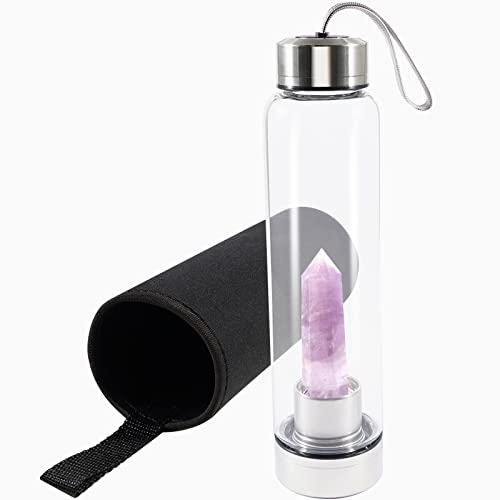 Soulnioi Healing Crystal Glas Wasserflasche Edelstahl-Wasserflasche mit austauschbaren natürlichen Kristallpunkt Zentrum, mit schwarzer Schutzhülle, Energie Cup Geschenke für Freunde (Amethyst) von Soulnioi