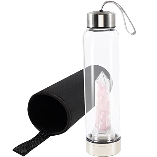 Soulnioi Kristallglas Wasserflasche Kristall, Trinkflasche Sechseckige Glasschutzhülle mit zerkleinerten Steinen Abnehmbar Tragbar Proof Leak Edelsteinflasche Kreatives Geschenk- Rosa/550ML von Soulnioi