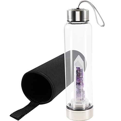 Soulnioi Kristallglas Wasserflasche Kristall, Trinkflasche Sechseckiges Glas Schutzhülle mit zerkleinerten Steinen Abnehmbar Tragbar Auslaufsicher Edelsteinflasche Kreatives Geschenk- Lila/550ML von Soulnioi