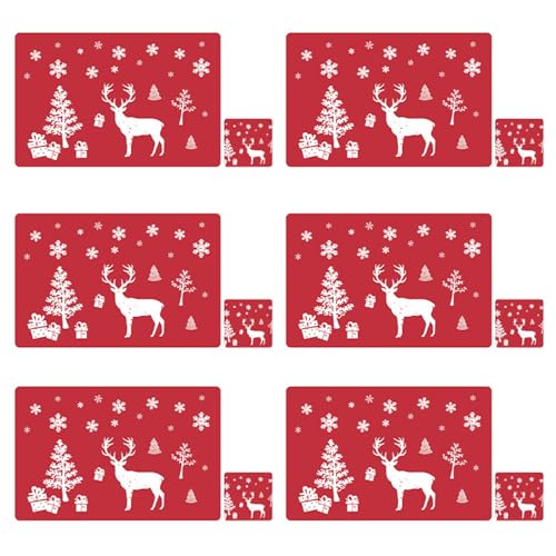Soulnioi Weihnachtliche Tischsets und Untersetzer, 6er-Set, PVC, Weihnachtstischmatten und Untersetzer, Besteck-Set, hitzebeständig, wasserdicht, Platzsets, Tassen-Matten für Esstischdekoration, rotes von Soulnioi