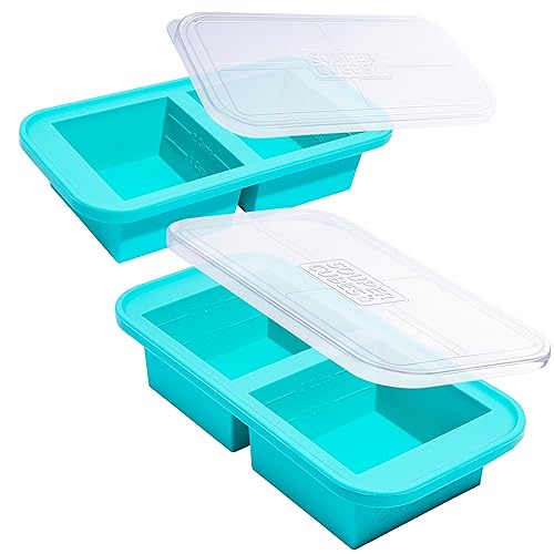 Souper Cubes 2-Tassen extra großes Silikon-Gefrierfach mit Deckel - 2er-Packung - ergibt 4 perfekte 2-Tassen-Portionen - (2-Tassen-Tablett, Aquafarbe, 2er-Packung, mit Deckel) von Souper Cubes