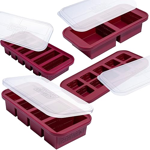Souper Cubes Geschenkset – Küchenset mit 2 Esslöffel, 1/2 Tasse, 1 Tasse und 2 Tassen Silikon-Gefriertabletts mit Deckel – Mahlzeitenvorbereitung und Aufbewahrungslösungen für die Küche – Cranberry von Souper Cubes
