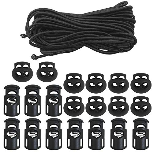 20 STÜCKE Kunststoffschnurschlösser & elastische Bungee-Nylon-Schockschnur 5/32 "50 ft Längen, DaKuan 10 STÜCKE Sing-Hole, 10 STÜCKE Double-Hole (Schwarz) End Spring von SourceTon