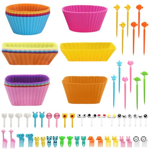 70-teiliges Silikon-Lunchbox-Trennwand-Set, SourceTon Bento-Box-Zubehör, 18 Silikon-Cupcake-Einlagen mit 52 Lebensmittel-Pickern von SourceTon