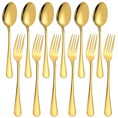 SourceTon Besteckset mit 12 vergoldeten Edelstahl-Gabeln und Löffeln, robuste Gabeln (20,3 cm) und Löffel (17,8 cm) Besteck-Set, goldfarben von SourceTon