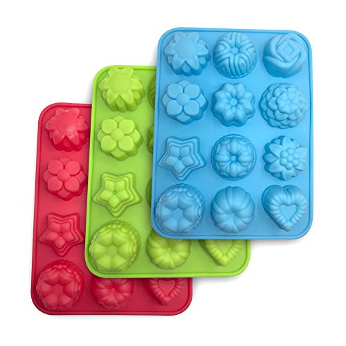 SourceTon Silikon-Antihaft-Form, 3er-Pack Backform für Kuchen, Gelee, Pudding, Schokolade, Cupcake, 12 Mulden, Backformen mit Blumen und Herzform. - Blau, Grün und Rot von SourceTon