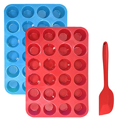 Sourceton Muffin-Backform für 24 Muffins und Spatel, 3-teiliges Set mit Muffinbechern und Spateln,antihaftbeschichtet,flexibel,Cupcake-Pfannen,Geschirrspüler,Backofen,mikrowellengeeignet-Blau + Rot von SourceTon