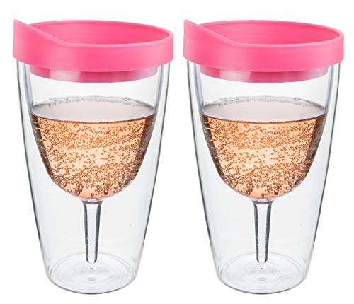 Southern Homewares Weinglas mit rosa Deckel, 473 ml, isoliert, doppelwandig, Acryl, mit durchsichtigem Becher, 2 Stück von Southern Homewares