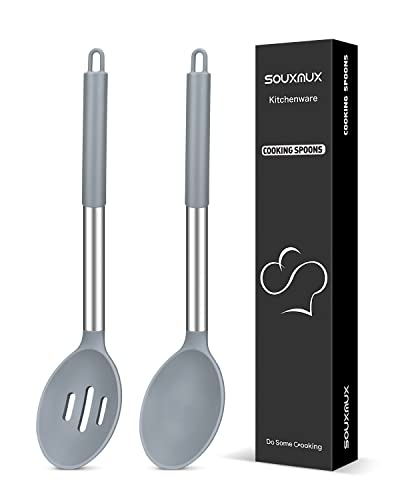 2 Stück Silikon Kochlöffel, Fester und Geschlitzter Löffel Set, Antihaft-BPA-freie Hitzebeständige Basting-Küchenutensilien für Suppe, Servieren, Abtropfen, Rühren (Grau) von SouxMux