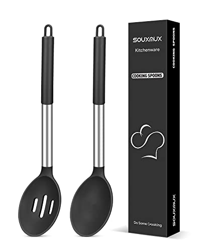 2 Stück Silikon Kochlöffel, Fester und Geschlitzter Löffel Set, Antihaft-BPA-freie Hitzebeständige Basting-Küchenutensilien für Suppe, Servieren, Abtropfen, Rühren von SouxMux