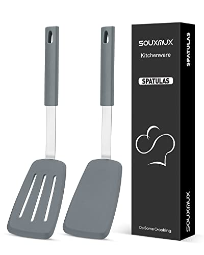 2 Stück Silikon Solid und Schlitz Spatel Turners Set, Antihaft-BPA Free High Hitzebeständig Handy Küchenutensilien zum Kochen, Grillen, Flipping Eier, Fisch, Pfannkuchen von SouxMux