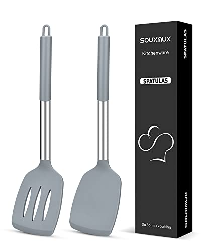 2 Stück Silikon Spatel Wender, Solid und Schlitz Spatel Set, Antihaft-BPA Free High Heat Resistant Handy Küchenutensilien zum Kochen, Grillen, Eierwerfen, Fisch, Pfannkuchen (Grau) von SouxMux