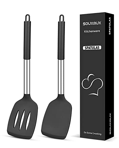 2 Stück Silikon Spatel Wender, Solid und Schlitz Spatel Set, Antihaft-BPA Free High Heat Resistant Handy Küchenutensilien zum Kochen, Grillen, Eierwerfen, Fisch, Pfannkuchen (Schwarz) von SouxMux