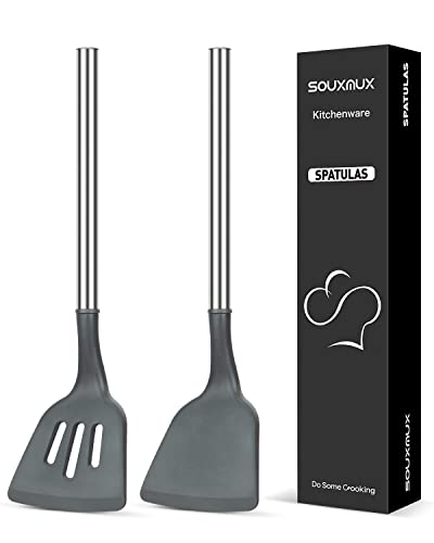 2 Stück Silikon-Wokspatel, fest und geschlitzt Spatel-Set, Antihaft-BPA frei hitzebeständig Basting Edelstahl Griff Küchenutensilien zum Kochen, Backen, Wenden Eier, Pfannkuchen, Burger, Fisch von SouxMux