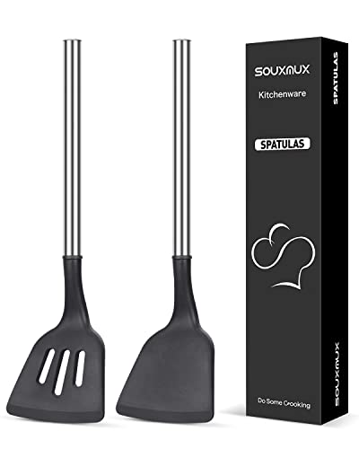 2 Stück Silikon-Wokspatel, fest und geschlitzt Spatel-Set, Antihaft-BPA frei hitzebeständig Basting Edelstahl Griff Küchenutensilien zum Kochen, Backen, Wenden Eier, Pfannkuchen, Burger, Fisch von SouxMux