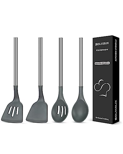 4 Stück Silikon-Küchenutensilien-Set, Wokspatel-Schlitzwender-Kochlöffel-Schlitzlöffel, Antihaft-BPA-frei, Hitzebeständig, Mit Edelstahlgriff, Küchenutensilien zum Kochen, Mischen, Servieren von SouxMux