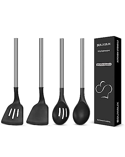 4 Stück Silikon-Küchenutensilien-Set, Wokspatel-Schlitzwender-Kochlöffel-Schlitzlöffel, Antihaft-BPA-frei, Hitzebeständig, Mit Edelstahlgriff, Küchenutensilien zum Kochen, Mischen, Servieren von SouxMux