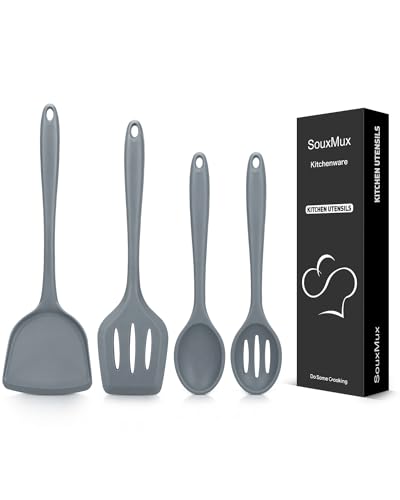 4 Stück Silikon-Küchenutensilien-Set, Wokspatel-Schlitzwender-Kochlöffel-Schlitzlöffel, Antihaft-BPA-frei, Hochhitzebeständige Kochutensilien zum Braten, Mischen, Servieren, Abtropfen, Rühren von SouxMux