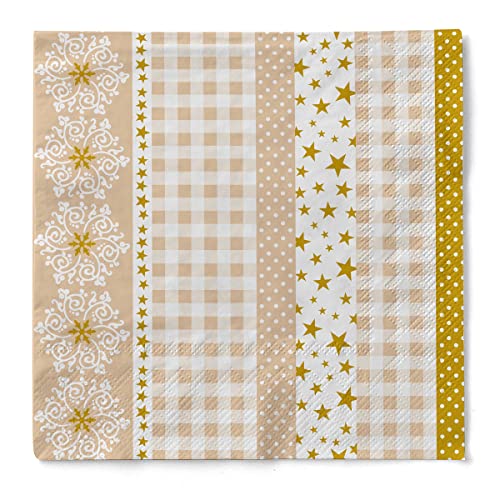 Sovie HORECA Serviette | aus Tissue 33 x 33 cm, 3-lagig | Eiskristalle Sterne Weihnachten | 100 Stück | Calypso-Stripes (Gold-Beige) von Sovie HORECA