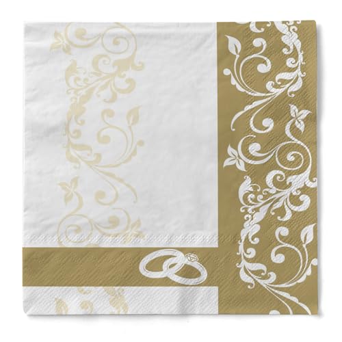 Sovie HORECA Tissue-Servietten 33x33 cm saugstarke hochwertige Einweg-Servietten Hochzeit 100 Stück HOCHZEIT (Gold) Ringe Just married Verlobung edel ornament von Sovie HORECA